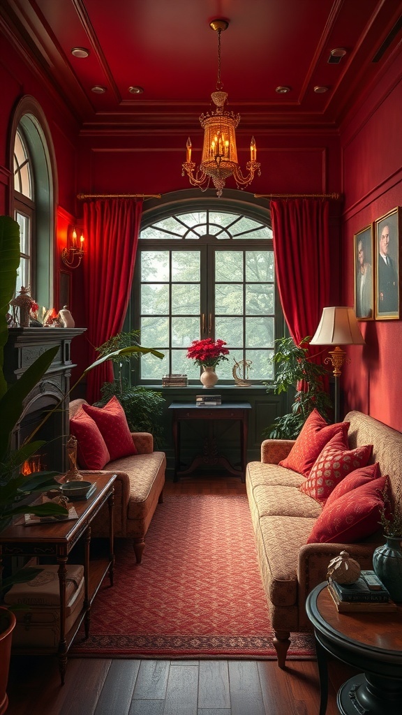 A cozy living room with warm red walls, plush sofas, and decorative pillows, creating an inviting winter atmosphere.