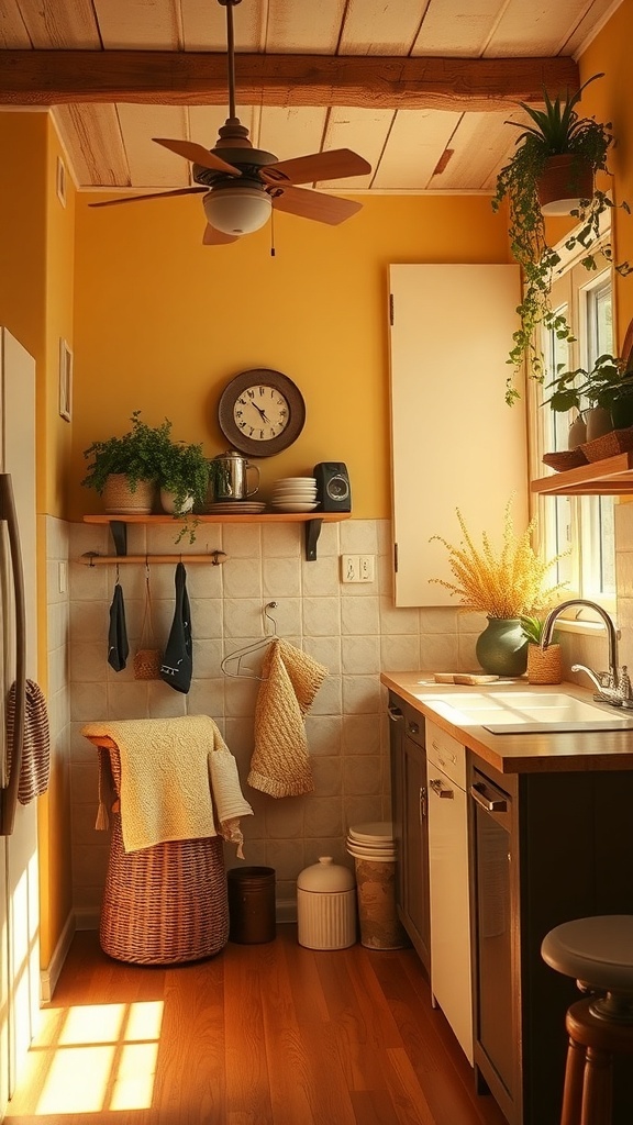 A cozy kitchen nook with warm yellow walls, wooden accents, and plants.