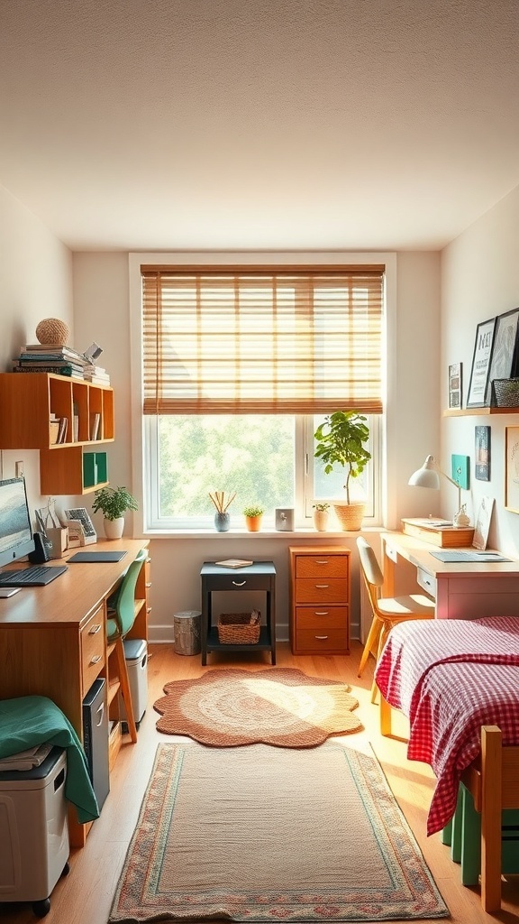 Cozy dorm room with warm color palette, featuring wooden furniture, plants, and soft bedding.