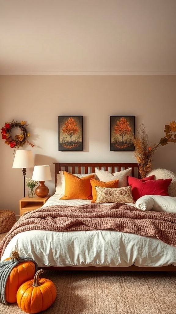 A cozy fall bedroom with warm color palettes featuring orange and red pillows, a knitted blanket, and pumpkins.