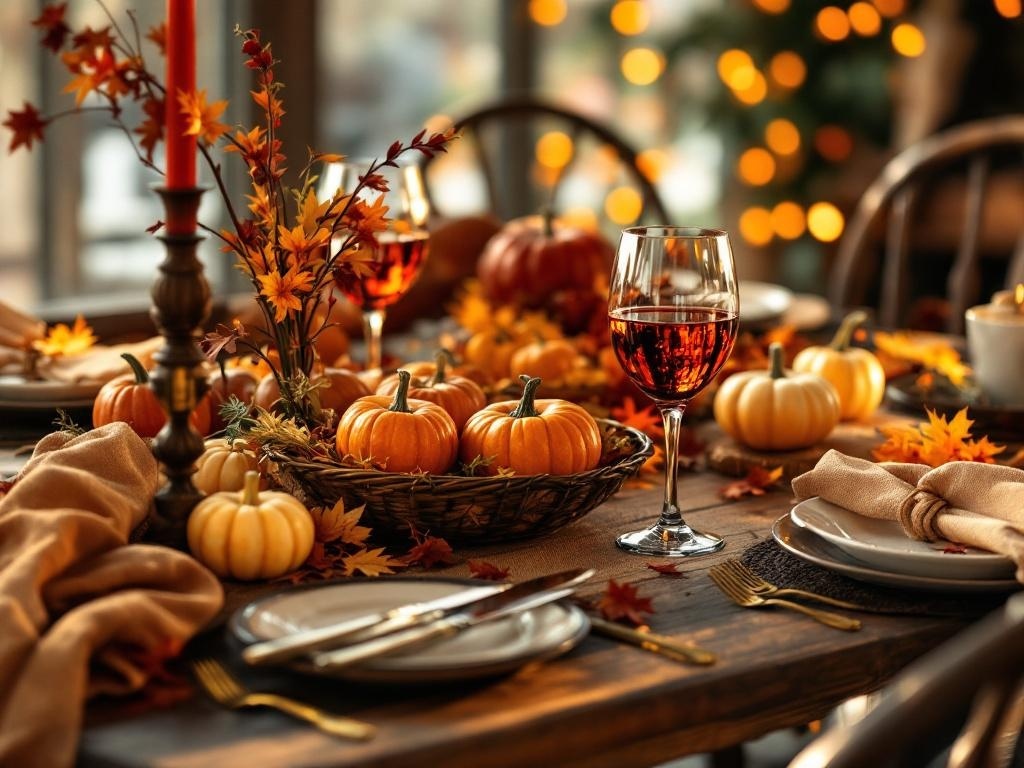 A beautifully set Thanksgiving table with warm colors, featuring pumpkins, autumn leaves, and a glass of red wine.