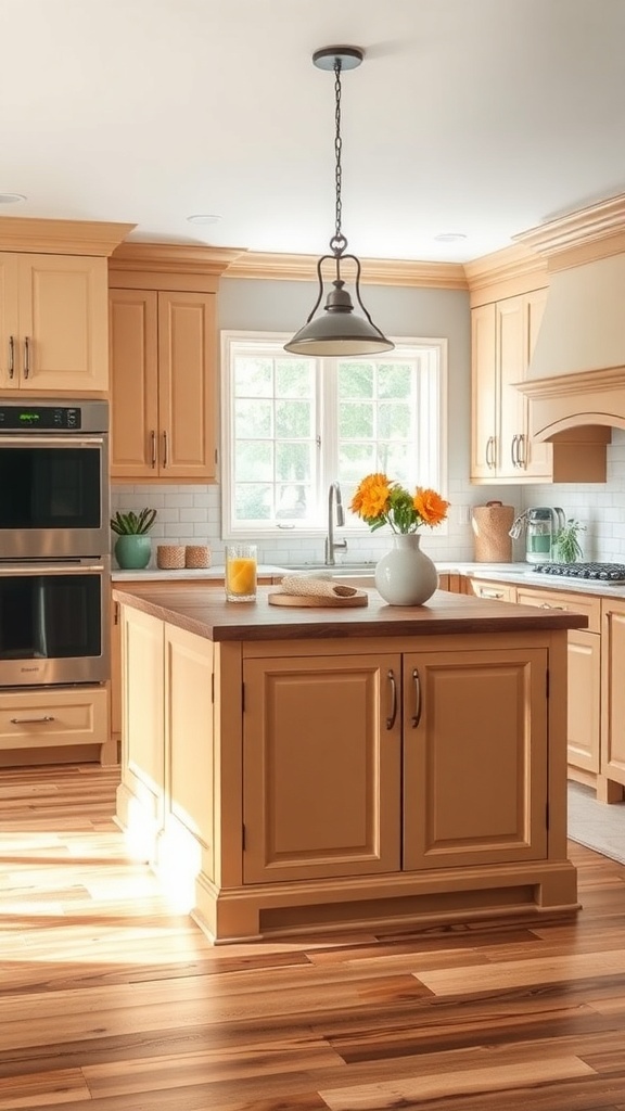 A warm-toned farmhouse kitchen with a wooden island and bright flowers.