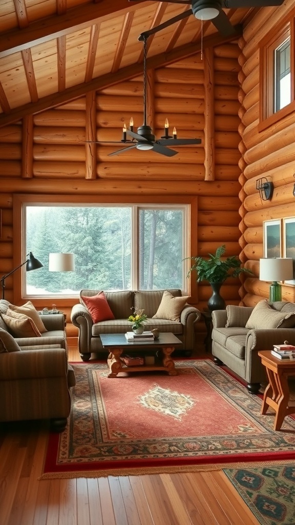 Cozy log cabin living room with warm color palette and rustic decor.