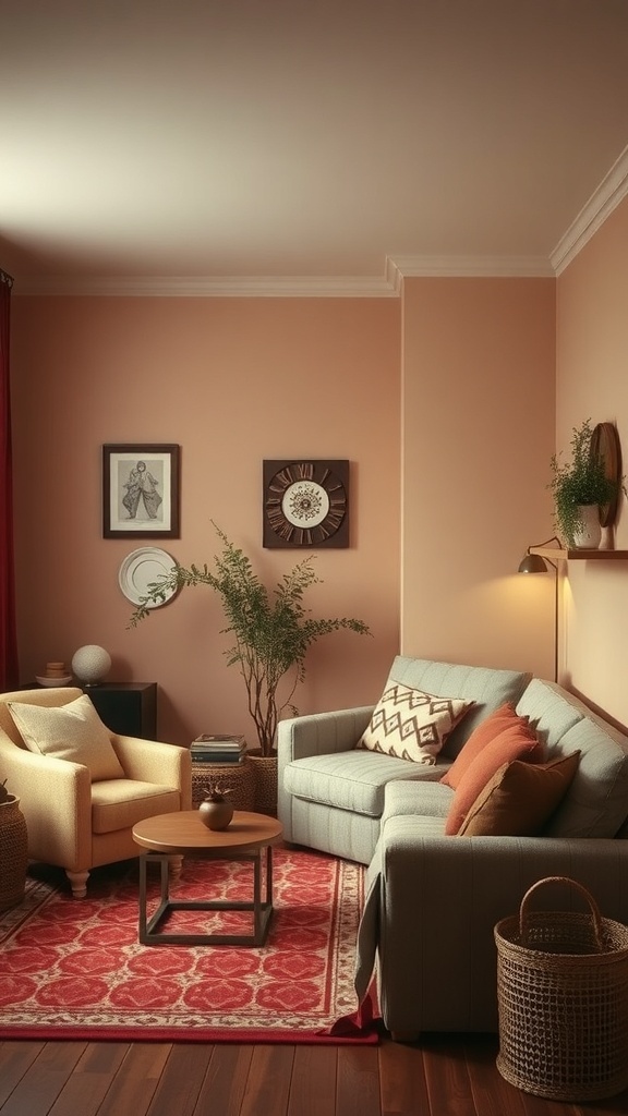 A cozy living room with warm color palettes featuring a light blue sofa, red accents, and a wooden coffee table.
