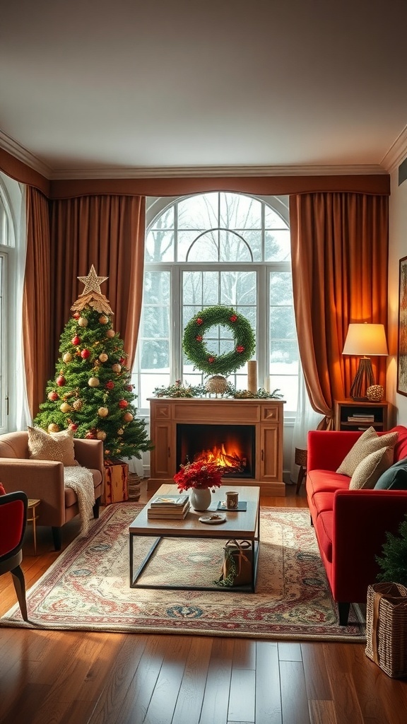 A cozy winter living room with a Christmas tree, warm colors, and a fireplace.