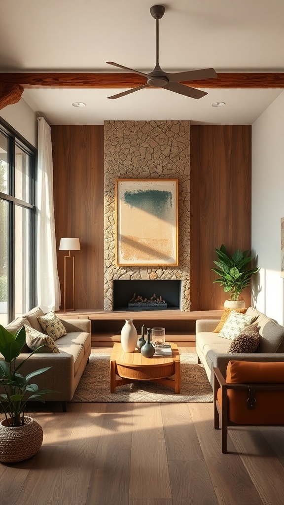 A modern rustic living room featuring warm color palettes with beige and brown tones.