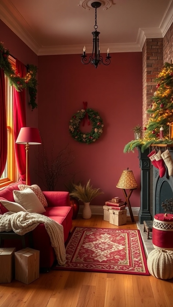 Cozy winter living room with warm color palette and festive decor.