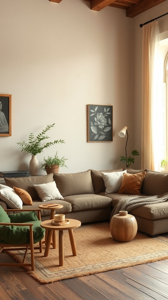 A cozy rustic living room with warm color palettes, featuring a brown sofa, green chair, and wooden furniture.