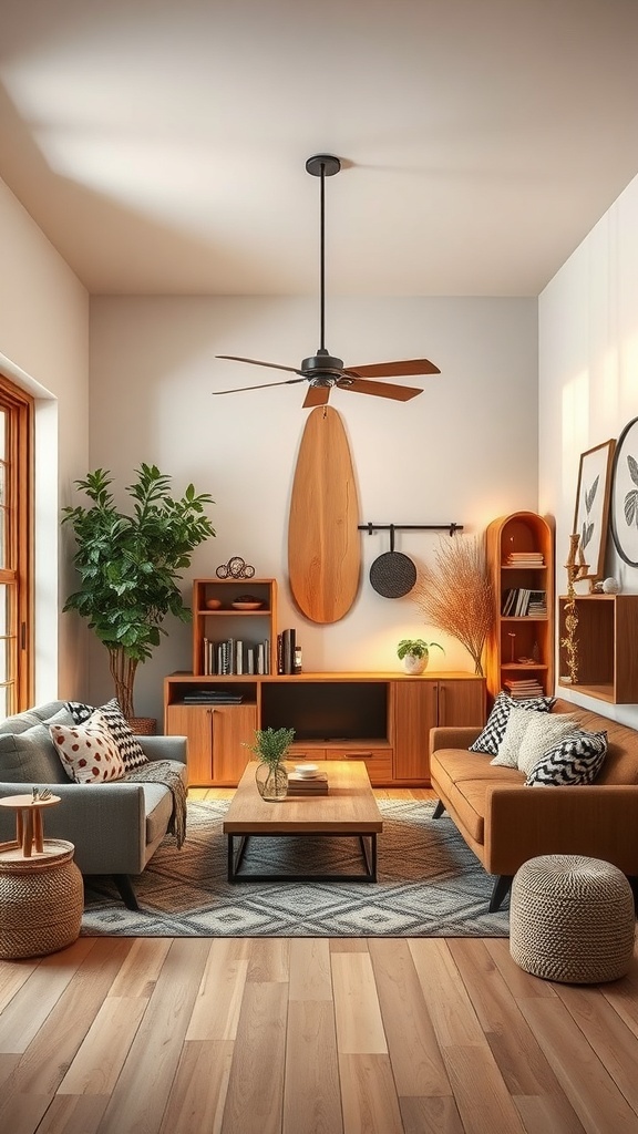 Cozy living room with warm color palette, featuring orange and neutral tones, wooden furniture, and plants.