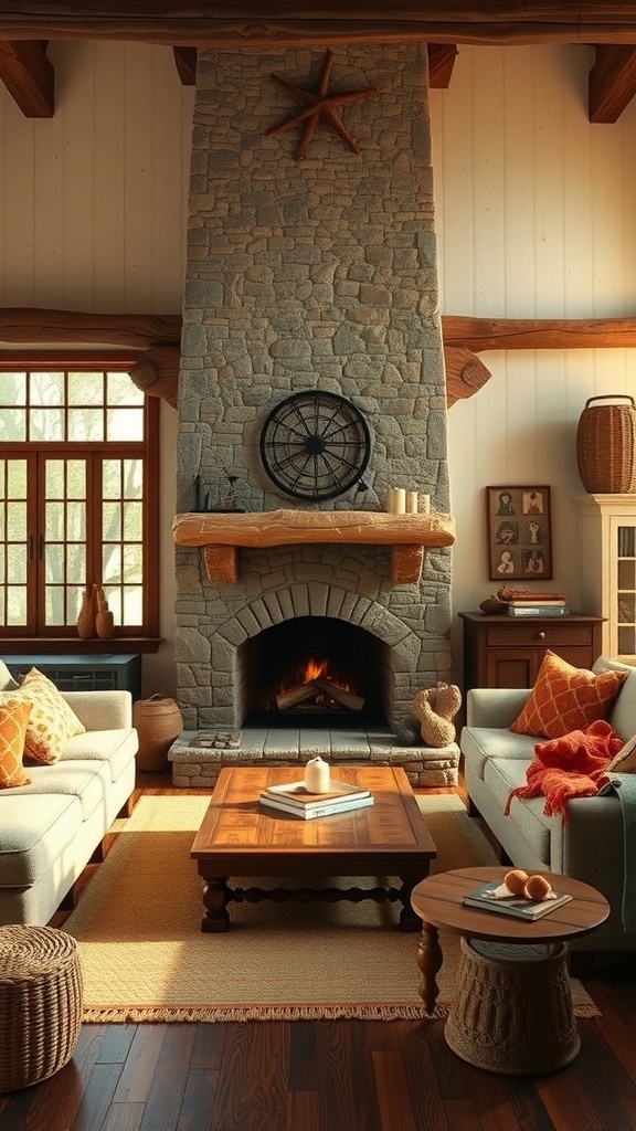 A cozy rustic living room with a stone fireplace, warm colors, and comfortable furniture.