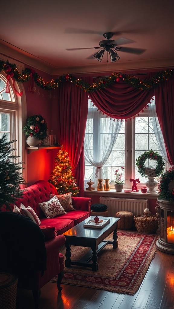 A cozy living room decorated with warm colors, featuring a red sofa, a small Christmas tree, and festive accents.