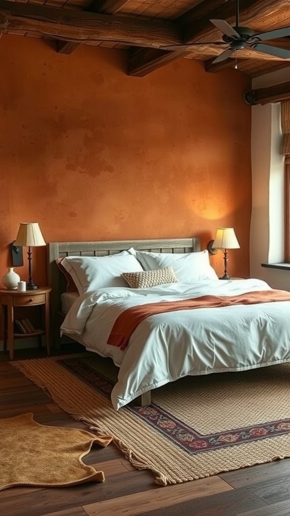A rustic bedroom featuring warm terracotta walls, wooden beams, and cozy bedding.