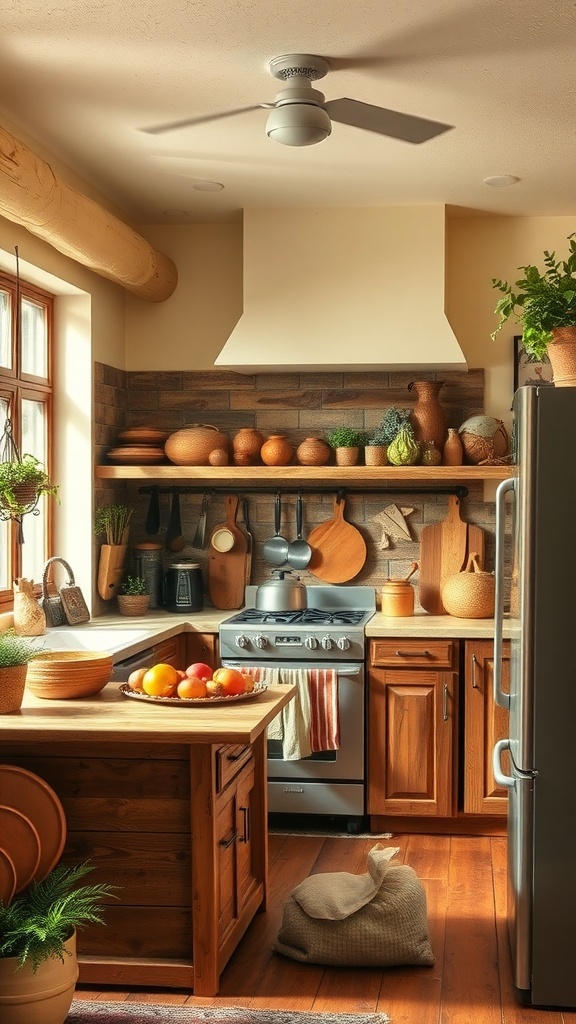A rustic kitchen with warm color palettes featuring wooden cabinets, shelves with pottery, and natural light.