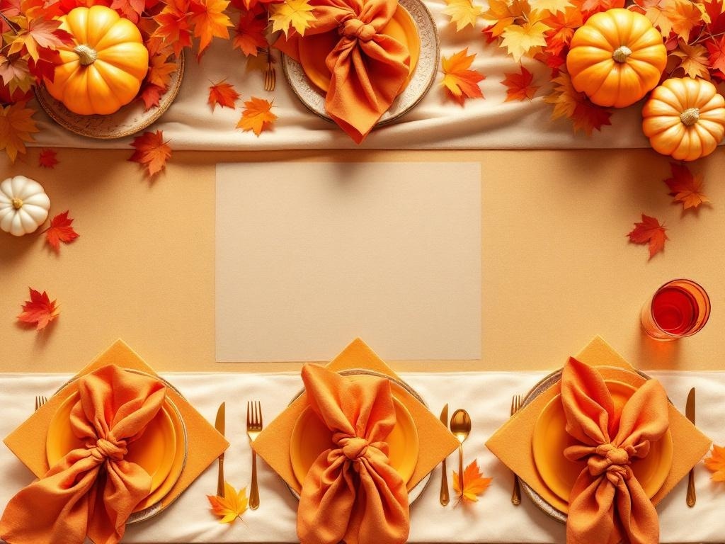 A Thanksgiving table setting with warm colors, featuring pumpkins, autumn leaves, and elegantly arranged plates and napkins.