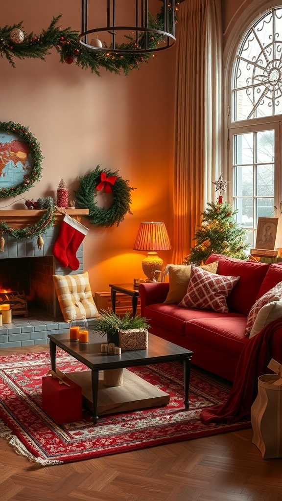 A warm and cozy Christmas living room with a red sofa, decorated tree, and festive ornaments.