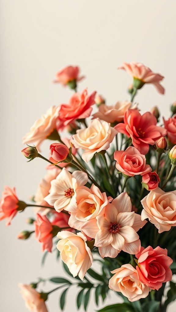 A bouquet of coral and peach flowers arranged beautifully.