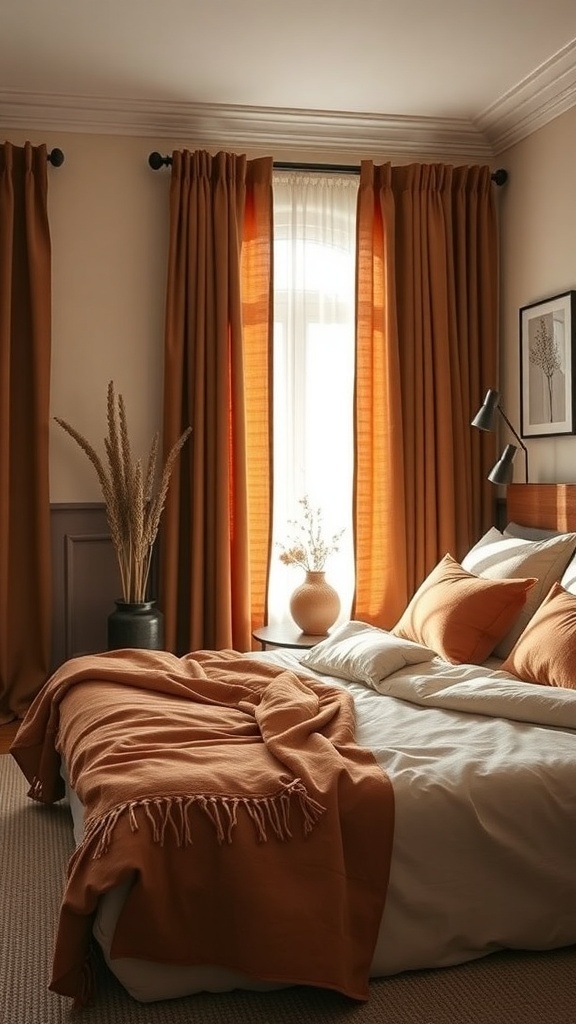 A cozy bedroom featuring warm earth tones with terracotta curtains and bedding.