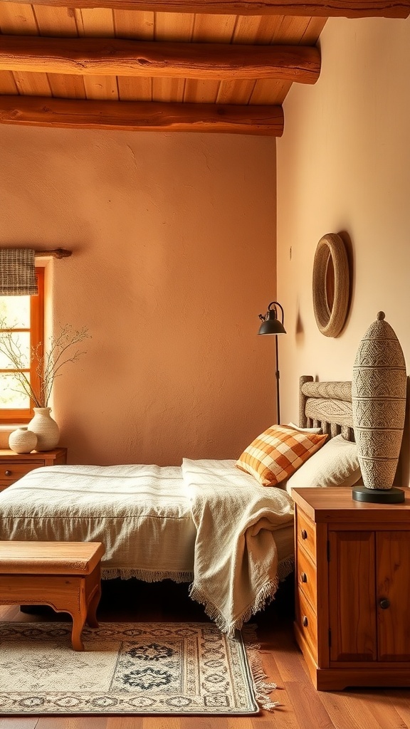 A cozy bedroom featuring warm earth tones and rustic accents.
