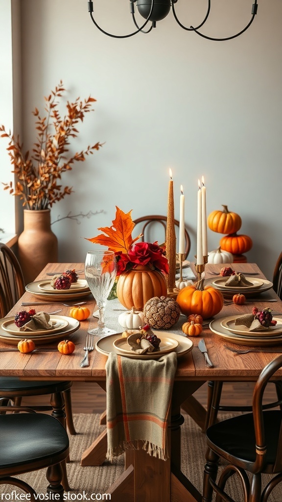 A beautifully arranged fall table with pumpkins, candles, and earthy colors.