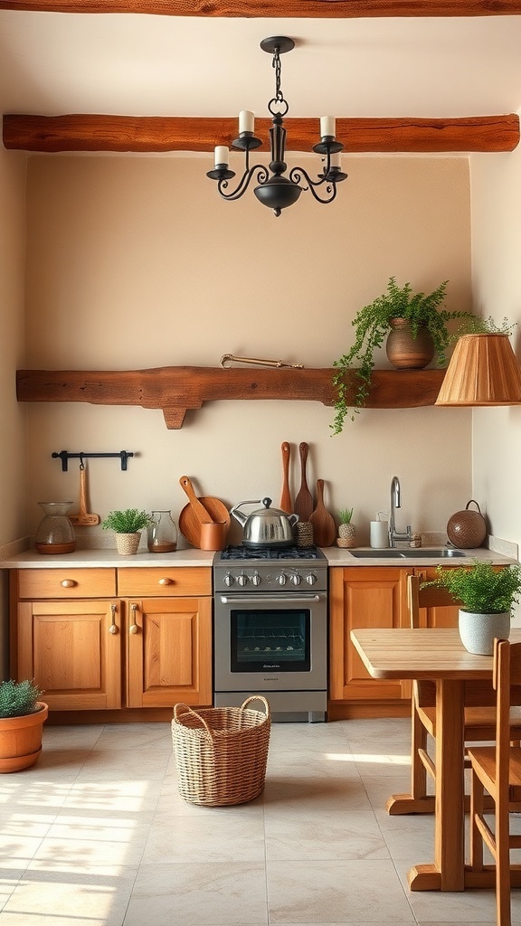 A cozy Italian farmhouse kitchen featuring warm earthy colors, wooden cabinets, and plants.