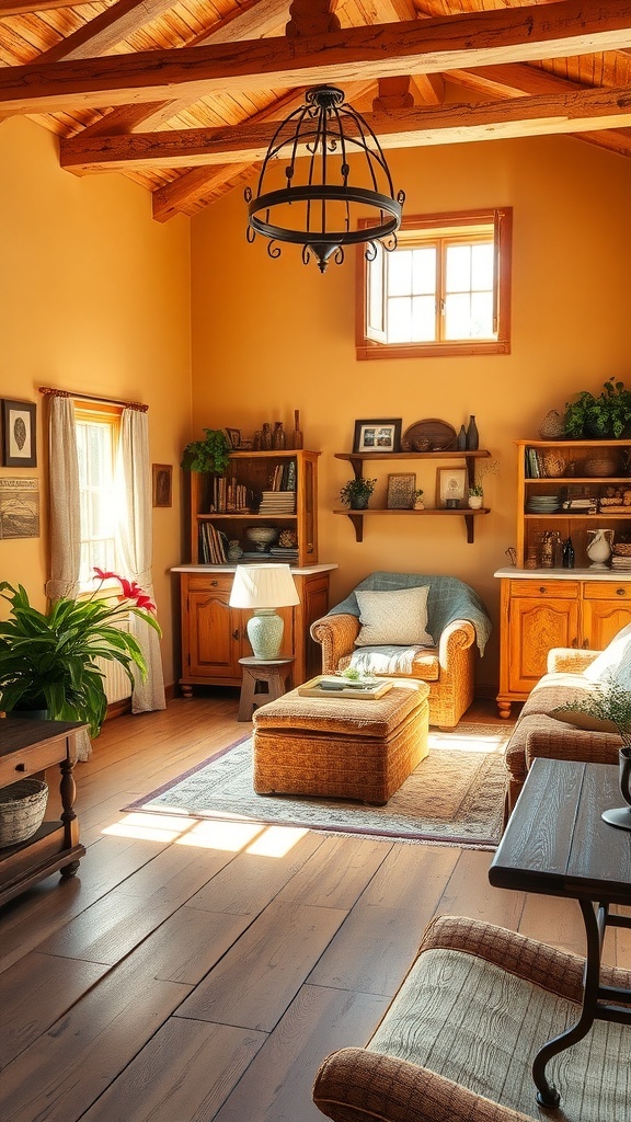 A rustic French country living room featuring warm earthy colors.