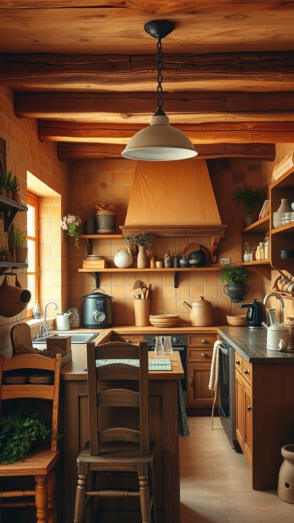 A small rustic kitchen featuring warm earthy colors, wooden shelves, and natural decor.