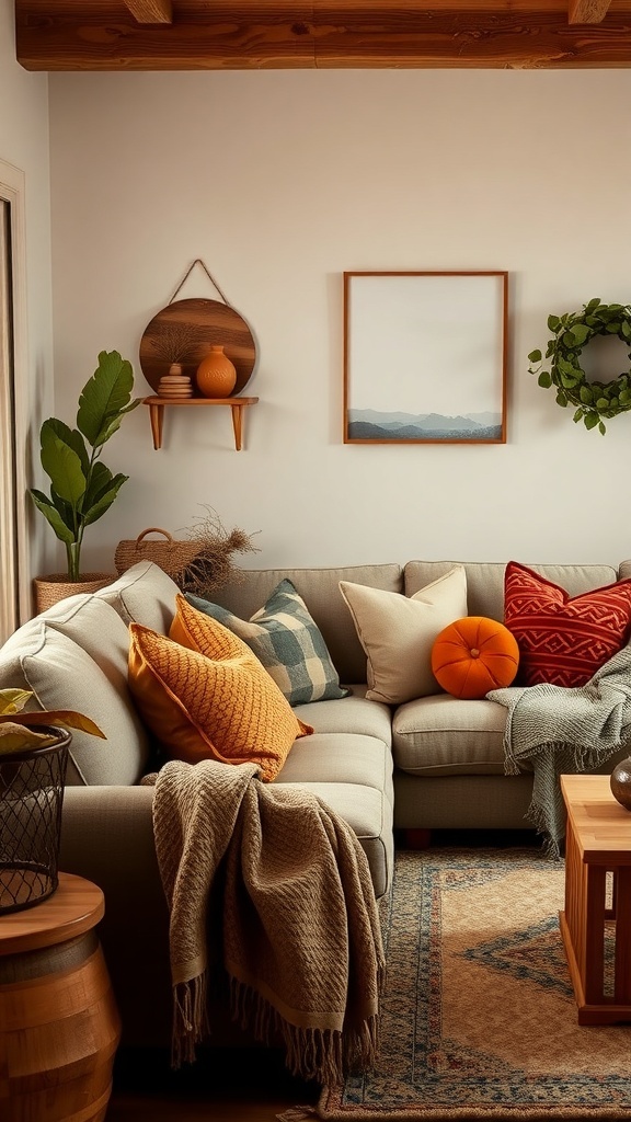 Cozy living room with warm earthy colors, featuring a beige couch with colorful pillows, a pumpkin pillow, and natural decor elements.