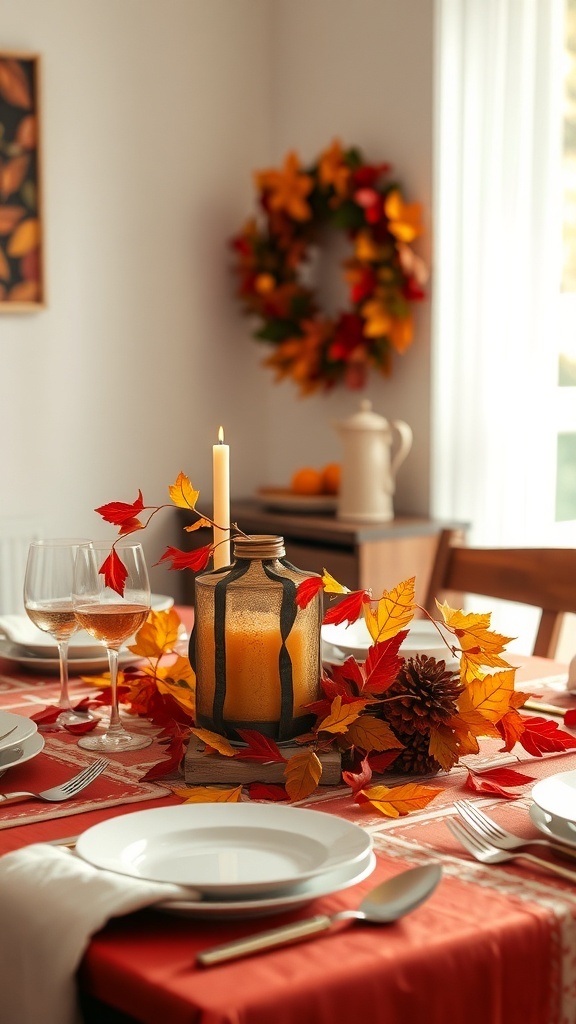 A beautifully set Thanksgiving table with warm earthy colors, featuring a lantern, autumn leaves, and a pinecone.