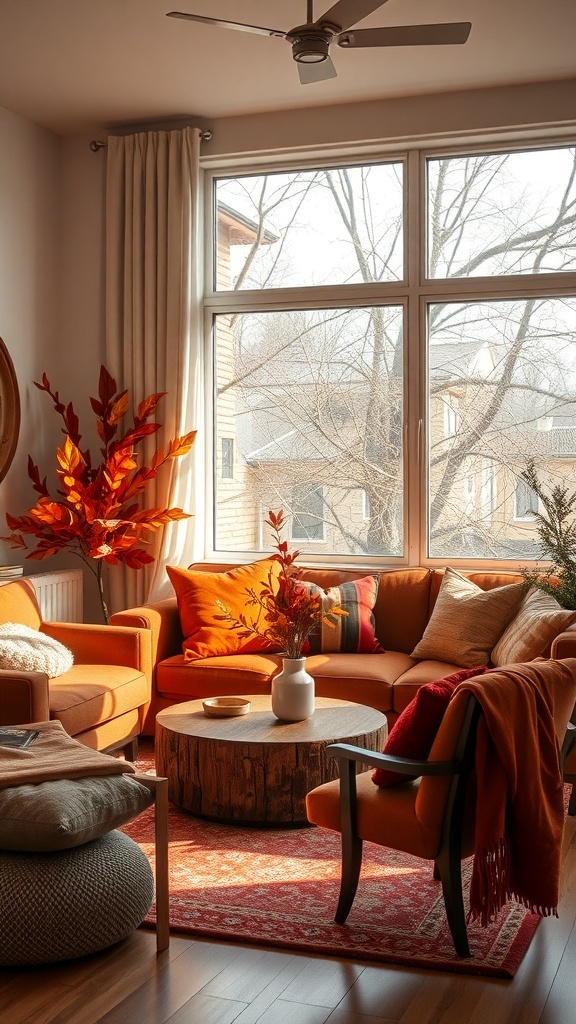 Cozy living room decorated with warm earthy colors, featuring a plush sofa, wooden coffee table, and autumn foliage.