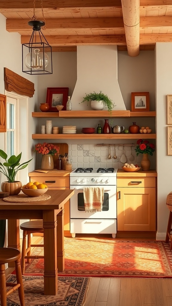 A cozy kitchen with warm earthy colors, featuring wooden cabinets, a white stove, and a table with fresh lemons.