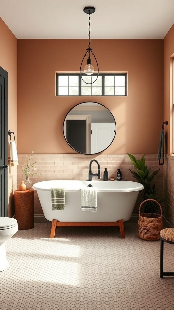Modern farmhouse master bath featuring warm earthy colors and natural materials.