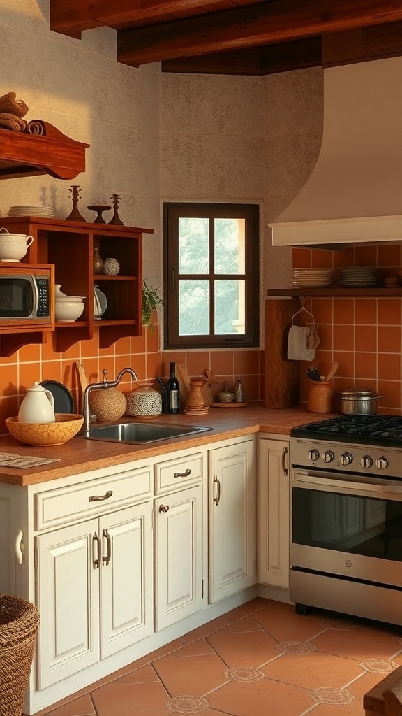 A rustic kitchen featuring warm earthy colors with terracotta tiles and wooden accents.