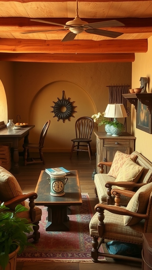 A cozy rustic cottage interior featuring warm earthy colors and wooden furniture.