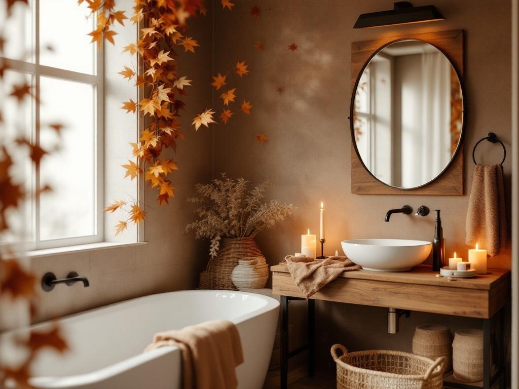 A cozy bathroom decorated with warm earthy tones, featuring a bathtub, wooden vanity, candles, and autumn leaves.