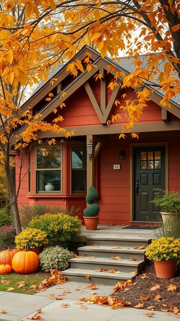 A cozy house with warm red exterior paint, surrounded by autumn leaves and pumpkins.