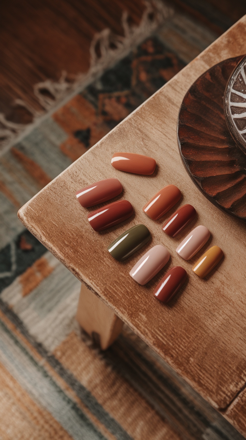 A selection of fall-inspired nail colors in warm earthy tones displayed on a wooden table.