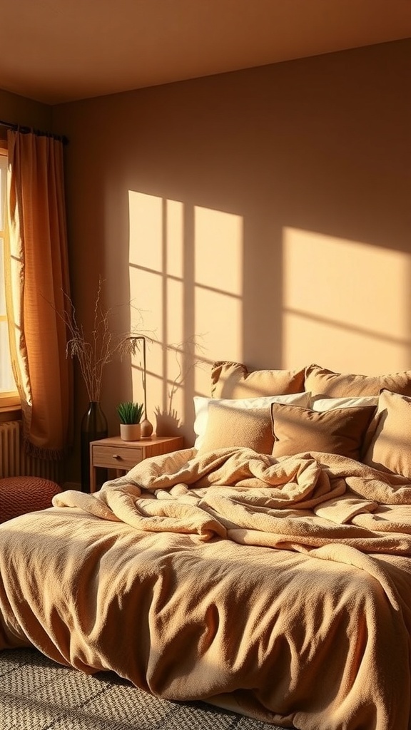 Cozy brown bedroom with warm earthy tones and soft bedding