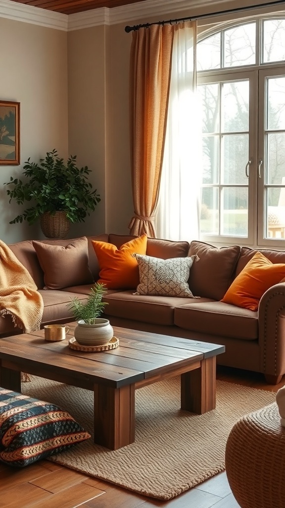 Cozy living room with warm earthy tones, featuring a brown sofa, orange pillows, wooden coffee table, and natural light from large windows.