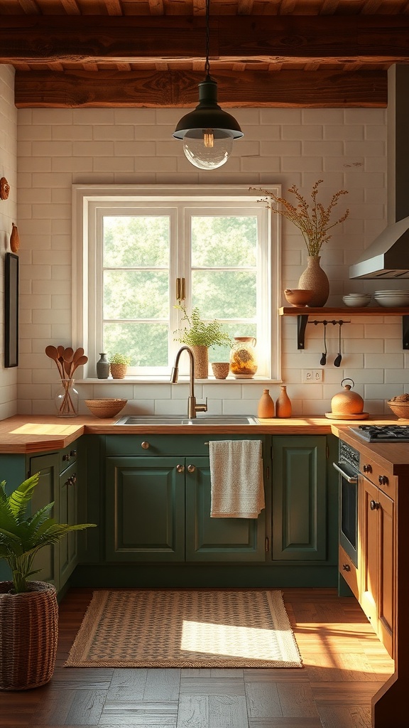 A cozy kitchen featuring warm earthy tones, with teal cabinets, wooden countertops, and natural light.
