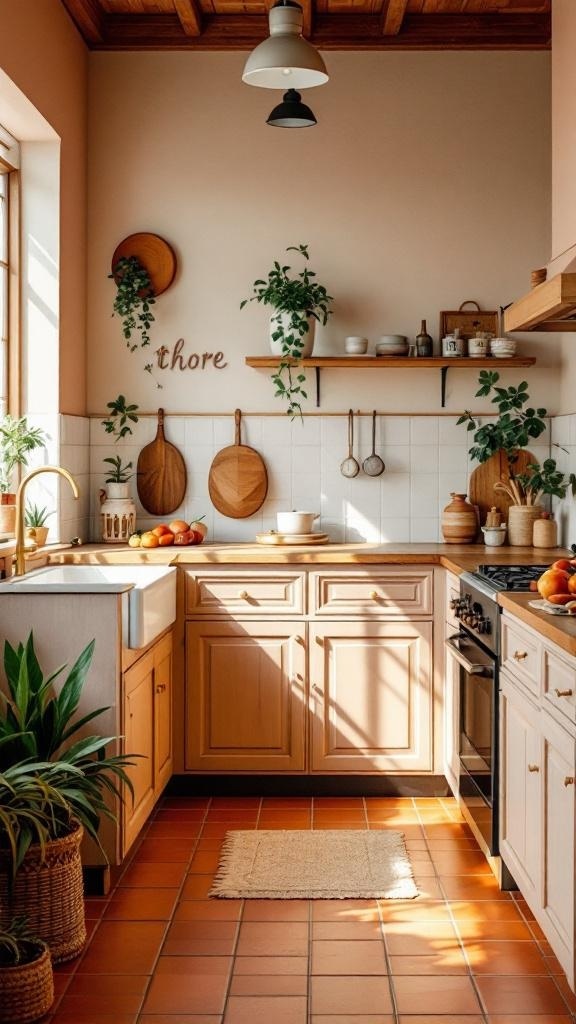 A cozy kitchen featuring warm earthy tones with wooden cabinets, terracotta tiles, and plants.