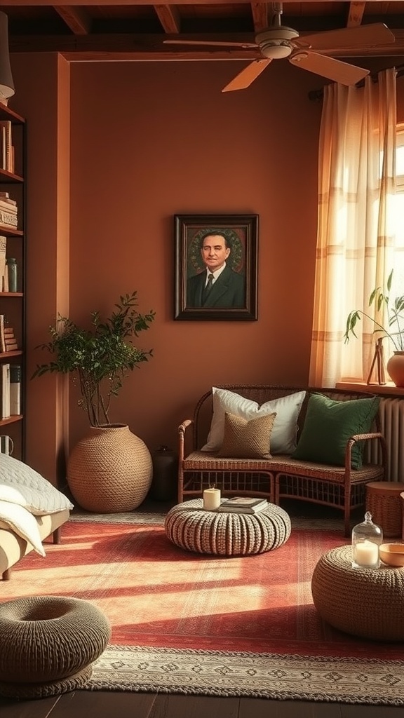 A cozy room with warm earthy tones, featuring a rattan sofa, textured poufs, and plants.