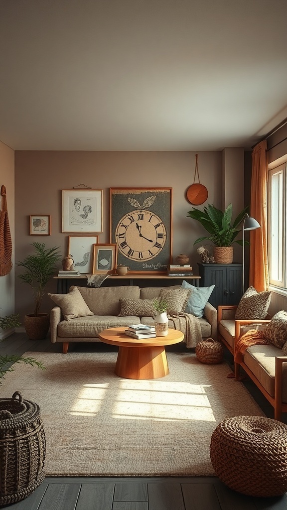 Cozy living room with warm earthy tones, featuring a comfortable sofa, wooden furniture, and natural decor.