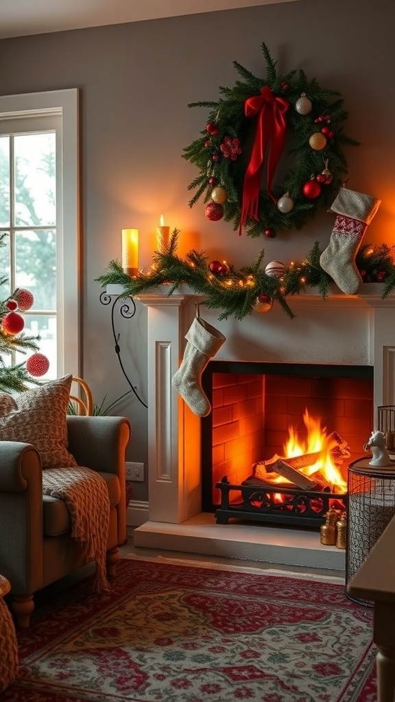 A cozy living room with a warm fireplace, decorated for Christmas.
