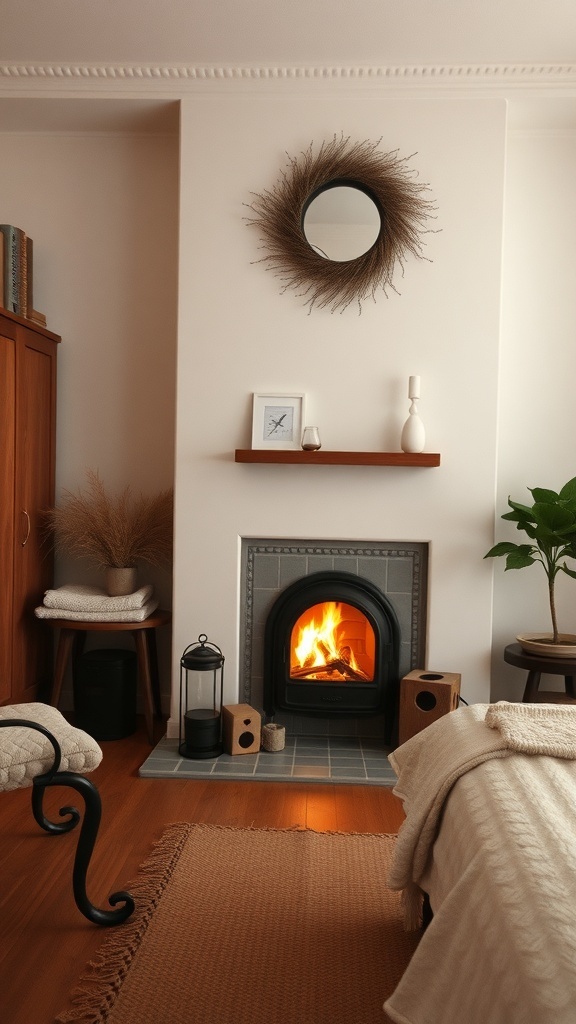 Cozy bedroom with a warm fireplace, a mirror above it, and soft decor.