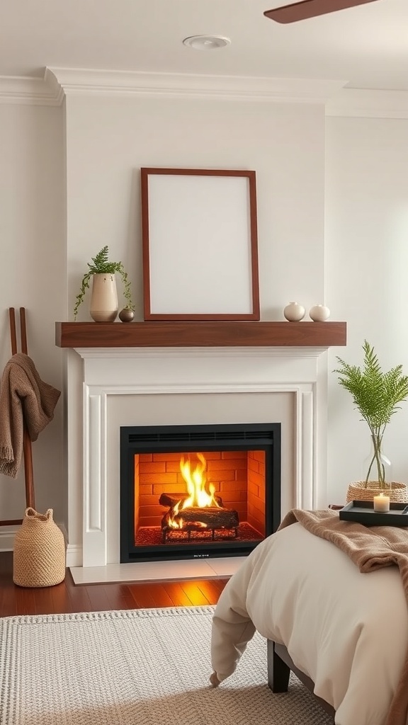 A cozy fireplace in a modern farmhouse bedroom, featuring a warm glow and simple decor.