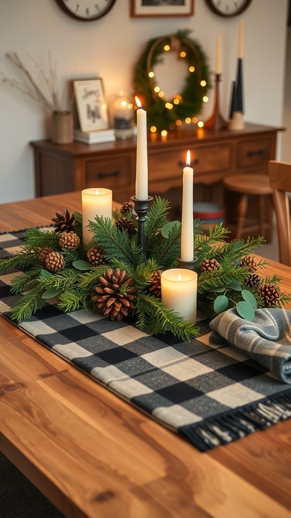 A winter table centerpiece featuring candles, pinecones, and greenery on a flannel runner.