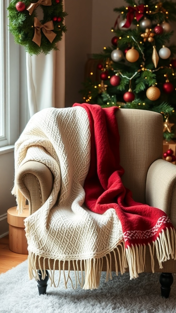 A cozy chair with a red and cream throw blanket, decorated for Christmas with a wreath and a Christmas tree in the background.