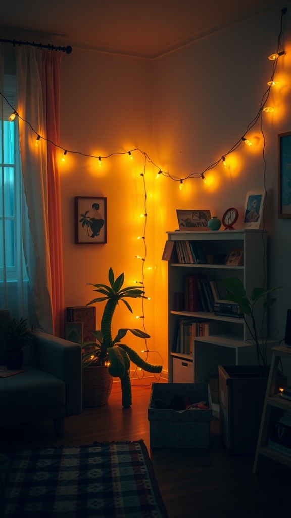 Cozy apartment decorated with warm string lights