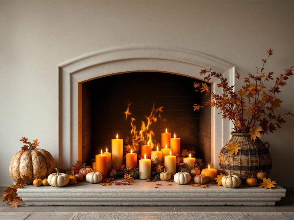 A cozy fireplace decorated with candles, pumpkins, and autumn leaves for Thanksgiving.