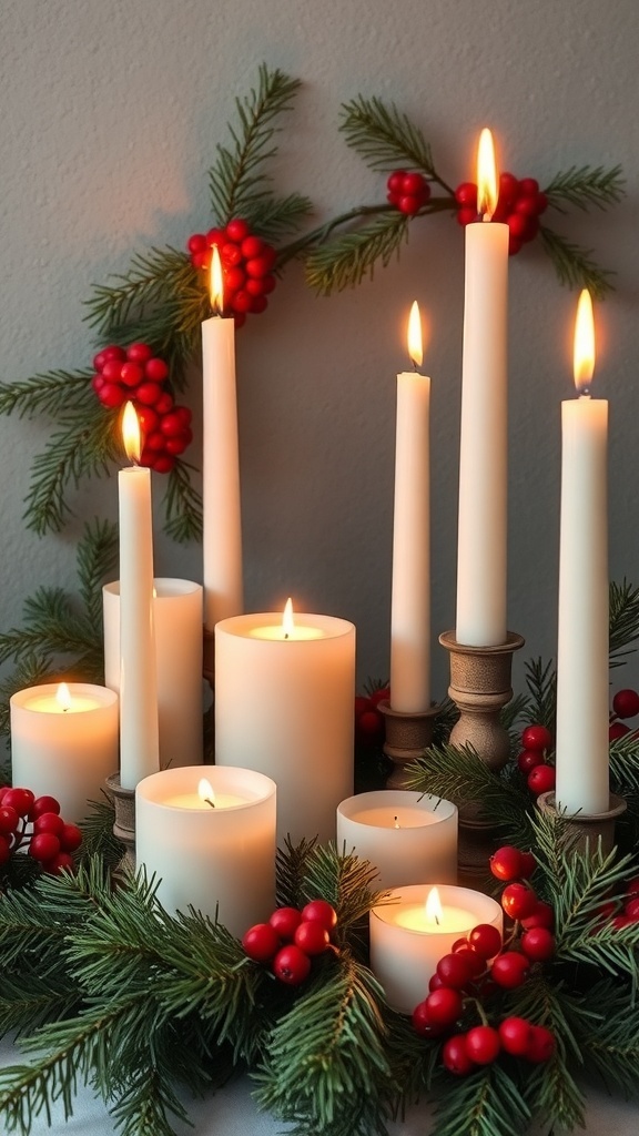 Candle arrangement with white candles and red berries surrounded by greenery.